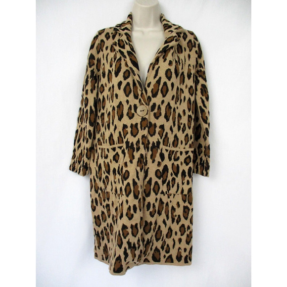 Chicos Long Cardigan Sweater Size 0 Small Animal Print Pockets Chunky Button - Picture 1 of 16